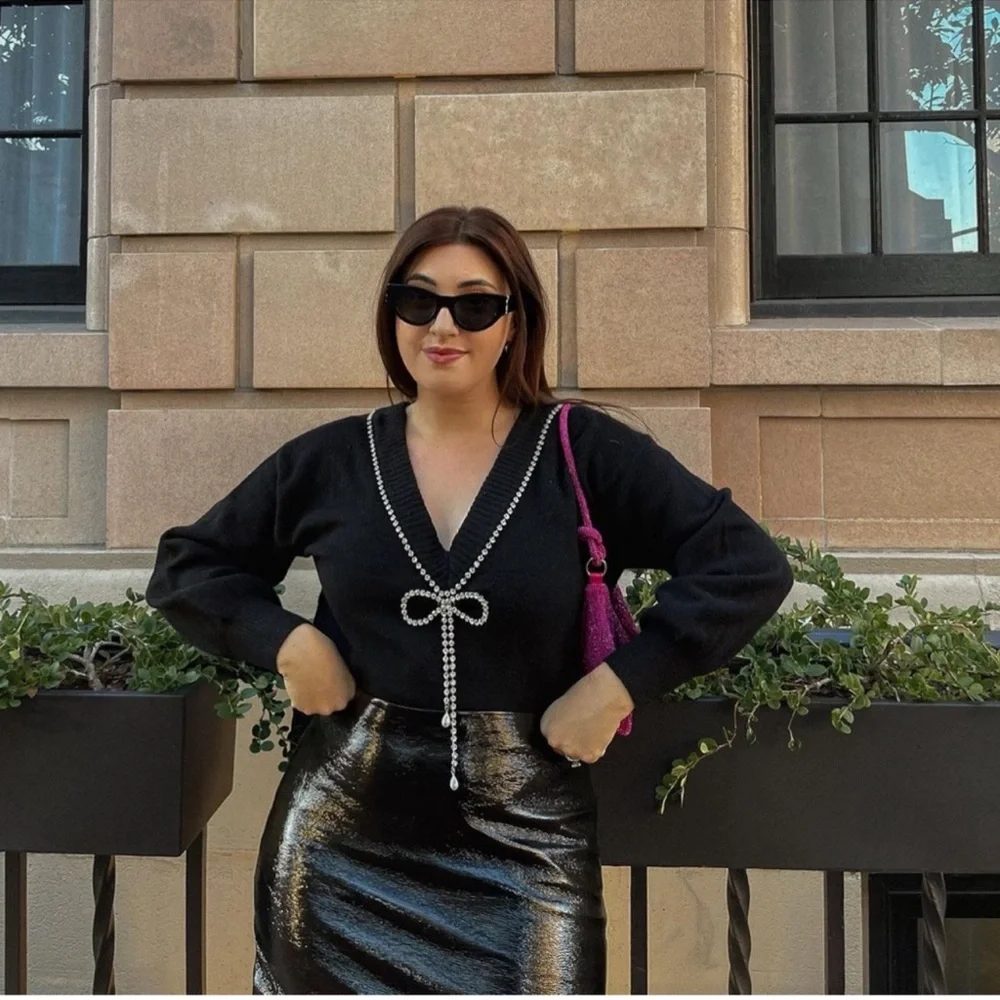 Express Black V-Neck Sweater with Rhinestone Bow - Picture 5 of 7